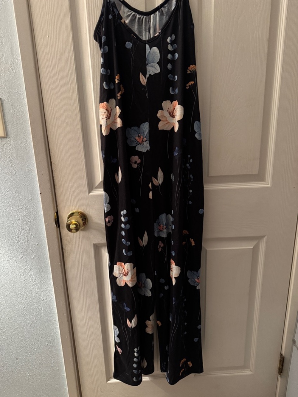 Black Floral Jumpsuit with Blue and Cream Blooms